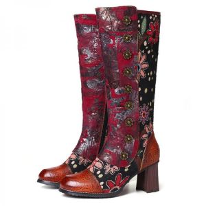 SOCOFY Vintage Flower Pattern Embossed Genuine Leather Stitching Mid Calf Boots