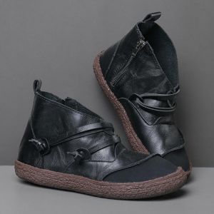 Women Retro Soft Sole Stitching Strappy Comfy Flats Ankle Short Boots