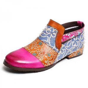Socofy Women Retro Elegant Color Stitching Genuine Leather Zipper Flats