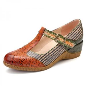 SOCOFY Retro Stripes Stitching Hook Loop Genuine Leather Pumps
