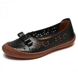 Women Plus Size Genuine Leather Breathable Hollow Out Slip On Casual Flats Loafers