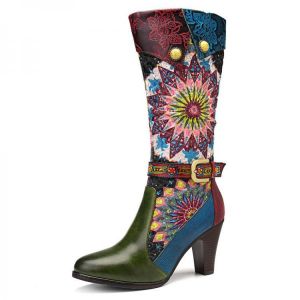 SOCOFY Leather Handmade Pattern Vintage High Heel Mid-calf Boots