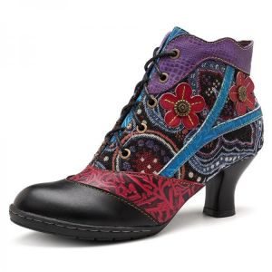 SOCOFY Handmade Jacquard Lace Up Zipper Genuine Leather Ankle Boots