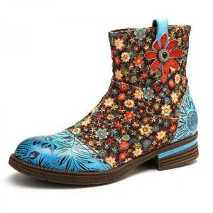 Socofy Women Flowers Splicing Genuine Leather Comfortable Ankle Boots