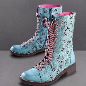 LOSTISY Women Flower Hollow Out Pattern Lace Up Chunky Heel Ankle Short Boots
