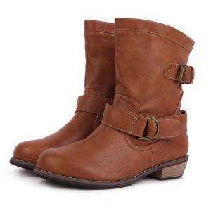 Womens Retro Solid Color Motorcycle Knight Buckle Round Toe Mid Calf Boots