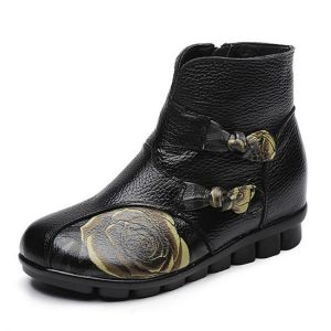SOCOFY Casual Floral Pattern Genuine Leather Ankle Boots