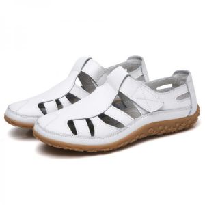 Leather Hollow Soft Hook Loop Causal Flat Sandals