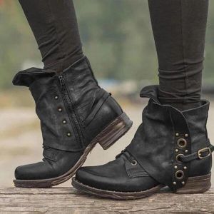 Women Rivet Buckle Decoration Zipper Leather Ankle Boots