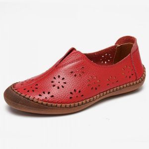 Women Genuine Leather Slip On Elastic Band Breathable Hollow Out Spring Causal Flats Loafers
