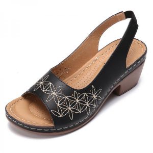 LOSTISY Flowers Pattern Elastic Band Heeled Sandals