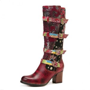 SOCOFY Vintage Embossed Genuine Leather Stitching Printing Metal Buckle Mid Calf Boots