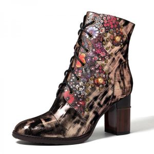 SOCOFY Genuine Leather Stitching Rivet Zipper Ankle Boots