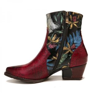 SOCOFY Women Retro Embossed Flowers Stitching Genuine Leather Ankle Boots