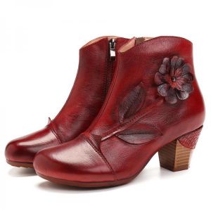 SOCOFY Women Retro Flower Genuine Leather Casual Ankle Short Boots