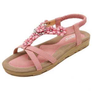 US Size 5-10 Summer Women Flat Sandals Flower Bohemian Casual Outdoor Comfortable Leather Shoes