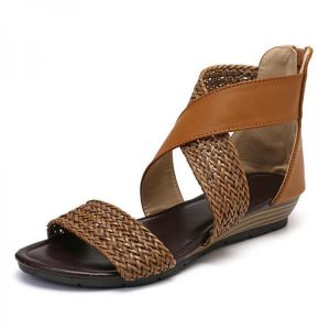 Lostisy Large Size Women Weave Stitching Zipper Flat Sandals