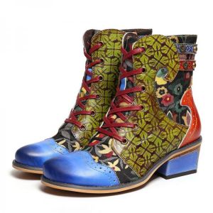 SOCOFY Women Embossing Pattern Stitching Genuine Leather Comfy Ankle Boots