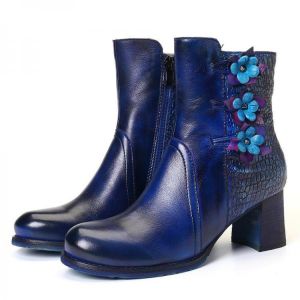 SOCOFY Women Retro Handmade Flower Genuine Leather Chunky Heel Ankle Short Boots