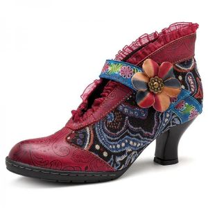 SOCOFY Vintage Lace Hook Loop Genuine Leather Ankle Boots