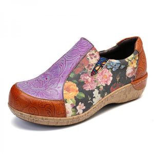 Socofy Women Retro Veins Splicing  Flowers Stitching Comfortable Leather Loafers