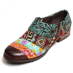 Socofy Women Pattern Stitching Genuine Leather Metal Zipper Loafers