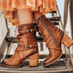 Large Size Women Motorcycle Buckle Strappy Zipper High Heel Ankle Boots