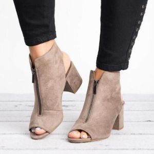 Large Size Peep Toe Ankle Boots Front Zipper Chunky Heel Sandals Pumps