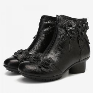 Women Vintage Genuine Leather Handmade Flower Low Heel Ankle Short Boots