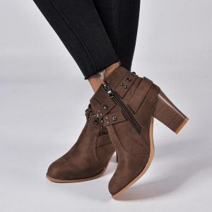Large Size Women Fashion Suede Rivet Zipper High Chunky Heel Short Ankle Boots