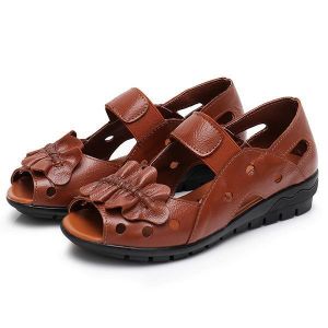 shopping נעלי נשים Genuine Leather Casual Shoe Hollow Out Soft Sole Flat Sandals