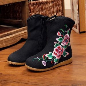 Girls Flower Embroidery Breathable Zipper Round Toe Ankle Short Boots