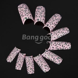 50Pcs Glitter Pink Black Leopard False Acrylic Nail Art Tips