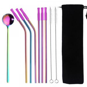 Reusable Silicone Tips Cover Stainless Steel Straight Straw Cruved Drink Straws Spoon with Cleaning Brushes