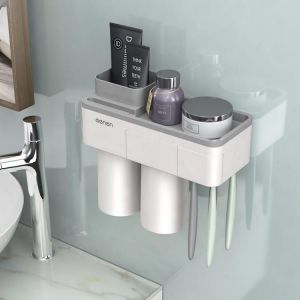 Automatic 1/2/3Cup Magnetic Toothbrush Holder Cups Wall Mount Stand Bathroom Tools No Punching