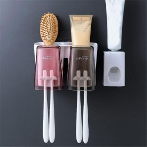 Toothbrush Holder Bathroom Accessories Set Wall Colorful Cup Toothbrush Holder automatic Toothpaste Squeezer