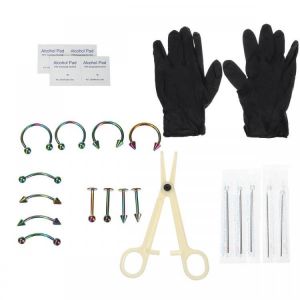 shopping קעקועים 20PCS Body Piercing Tool Kit Portable Ear Nose Navel Nipple Needle Nose Ring Set