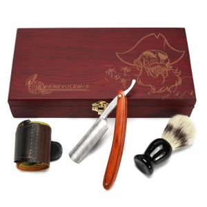 shopping שיער ואביזרים 4Pcs Shaver Kit Cut Throat Straight Razor Shaving Brush Strop Wooden Box Gift Set