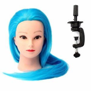 Blue Synthetic Hair Hairdressing Braiding Makeup Training Mannequin Head Model Clamp Holder Salon