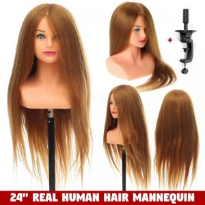 24" 100% Real Human Hair Mannequin Head Hairdressing Training Head Hair Extensions