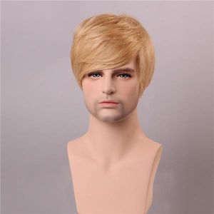 shopping פיאות ותוספות שיער Blonde Men Short Mono Top Human Hair Wig Male Virgin Remy Capless Side Bang