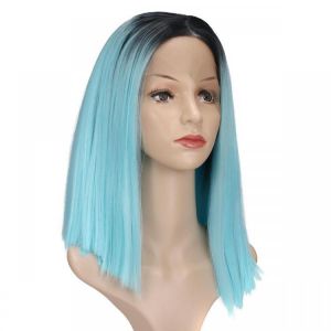 14" Lace Front Wig Synthetic Hair Bue Black Roots Full Wigs
