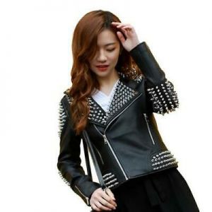 Punk Women's Metallic Studded Rivets Faux Leather Jacket Slim Motor Biker Coat L