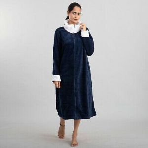 PASSAGE Navy Blue Polyester Robe with Faux Fur Trim One Size Missy Ultra Soft