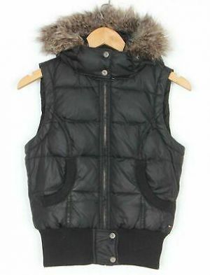 TOMMY HILFIGER Fur Hooded Down Gilet Waistcoat Bodywarmer Women Size XS MJ2541