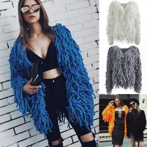 Fashion Women's Tassel Faux Fur Jacket Coat Long Sleeve Casual Loose Outwear M