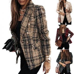 Ladies Plaid Coat Tartan Long Sleeve Blazer Jacket Summer Tweed Checked Outwear