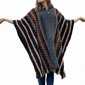 Llama Wool Mens Unisex South American Hooded Poncho Cape Coat Jacket striped