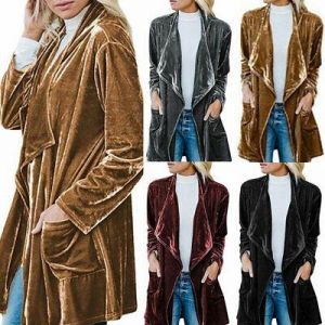 Womens Winter Velvet Lapel Open Front Cardigan Jacket Casual Loose Trench Coat H