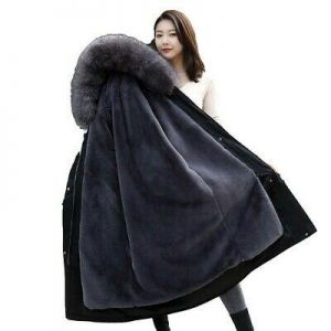 Womens Faux Fur Lined Hooded Fur Collar Parka Overcoat Winter Warm Snow Coats L